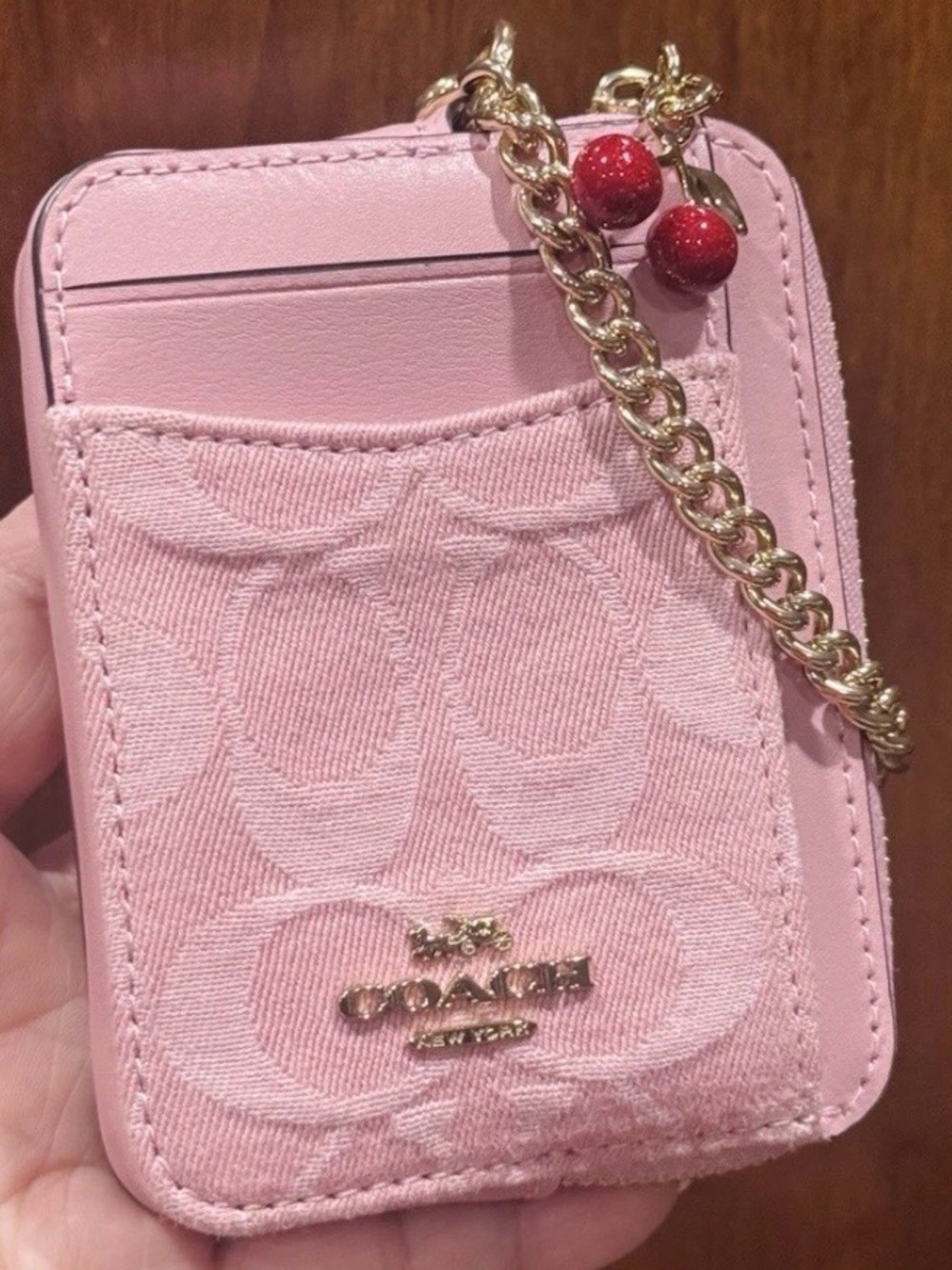 NWT Coach Zip Card Case Signature Denim + Cherry Charm CFA35 Gold / Light Pink